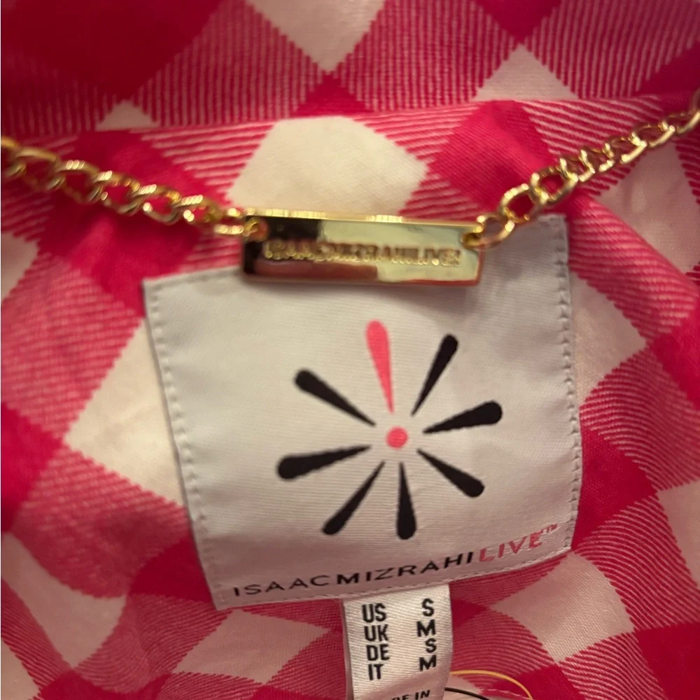 Isaac Mizrahi Live Pink and White Gingham Car Coat Trench - Picture 8 of 13